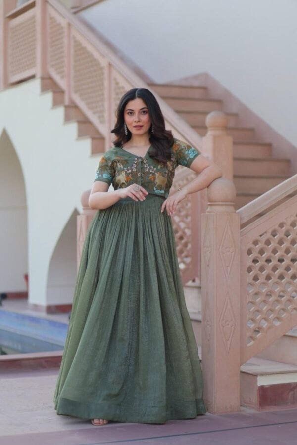 Metal Green Jacket Style South Indian Gown Set