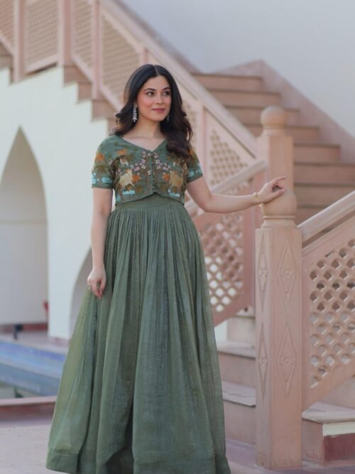 Metal Green Jacket Style South Indian Gown Set