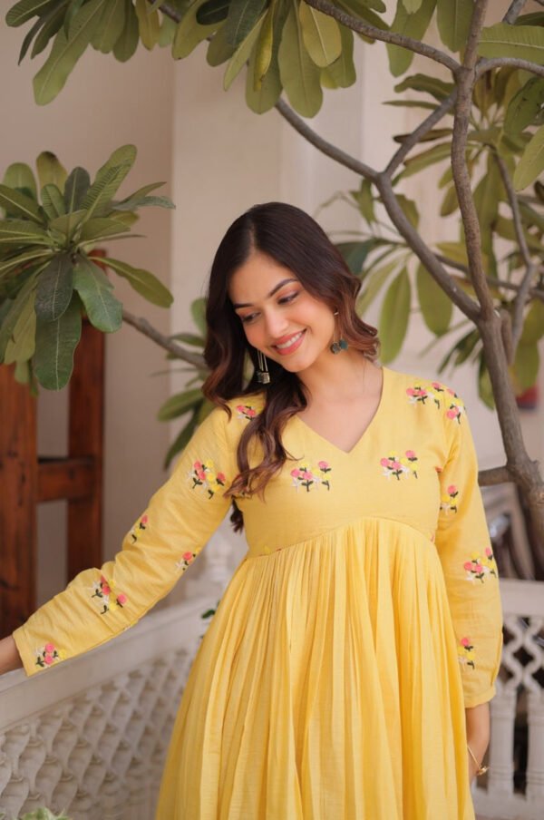 Yellow Cotton Kurti Pant Set with Embroidered Work