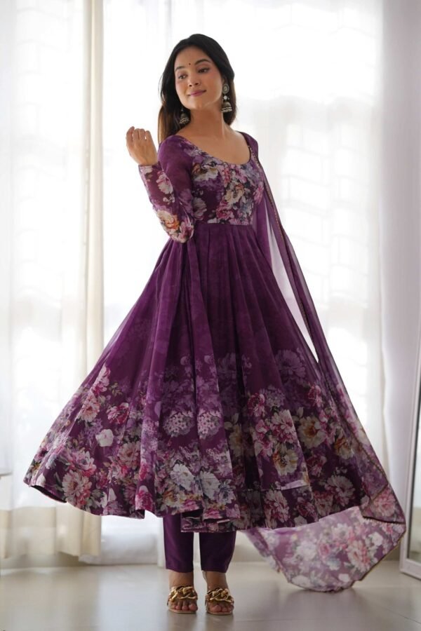 Trendy Wine Floral Printed Anarkali Suit Set with Dupatta - Modern & Chic
