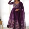 Trendy Wine Floral Printed Anarkali Suit Set with Dupatta - Modern & Chic