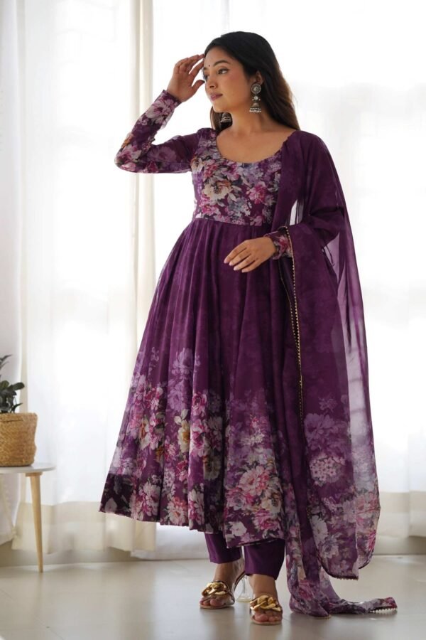 Trendy Wine Floral Printed Anarkali Suit Set with Dupatta - Modern & Chic