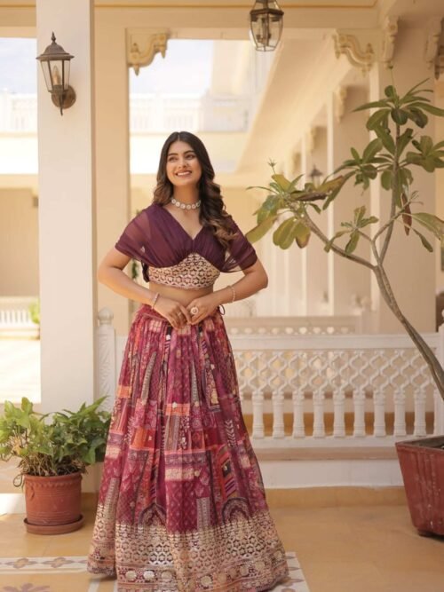Luxurious Wine Russian Silk with Digital Print Lehenga with Designer Blouse