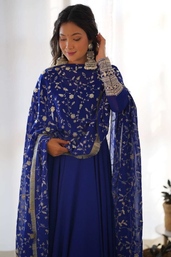 Dazzling Blue Georgette Gown Sophisticated Embroidered Detail