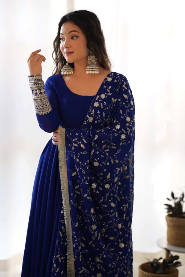 Dazzling Blue Georgette Gown Sophisticated Embroidered Detail