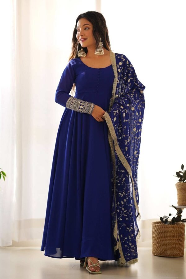 Dazzling Blue Georgette Gown Sophisticated Embroidered Detail