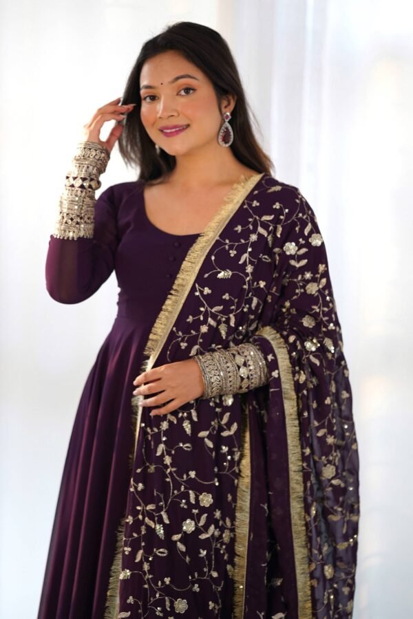 Elegant Wine Georgette Gown Set with Dupatta - Luxurious & Chic
