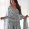 Exquisite Sky Blue Chiffon Anarkali Suit with Floral Print Dupatta