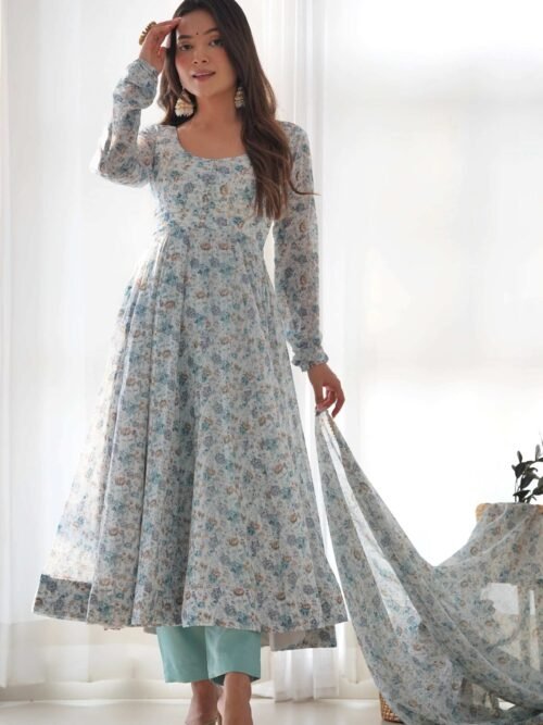 Exquisite Sky Blue Chiffon Anarkali Suit with Floral Print Dupatta