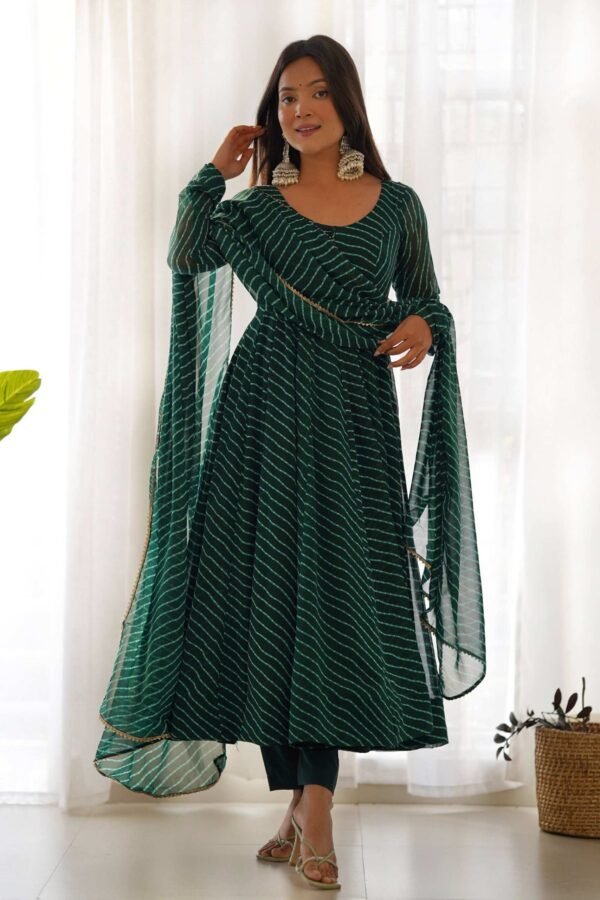 Exquisite Bottle Green Laheriya Print Georgette Anarkali Suit with Dupatta