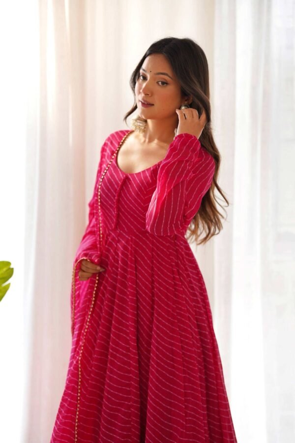 Vibrant Rani Pink Georgette Laheriya Print Anarkali Suit with Dupatta