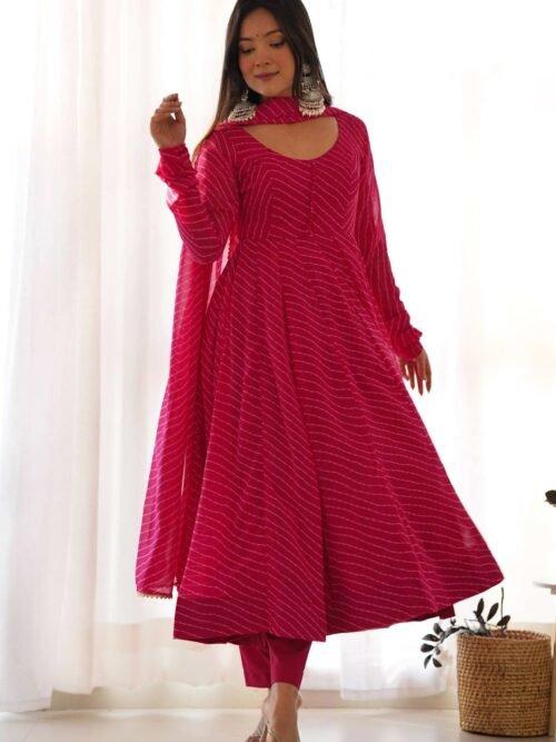 Vibrant Rani Pink Georgette Laheriya Print Anarkali Suit with Dupatta