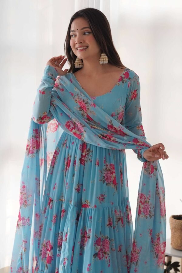 Sky Blue Floral 3-Layer Georgette Gown with Dupatta