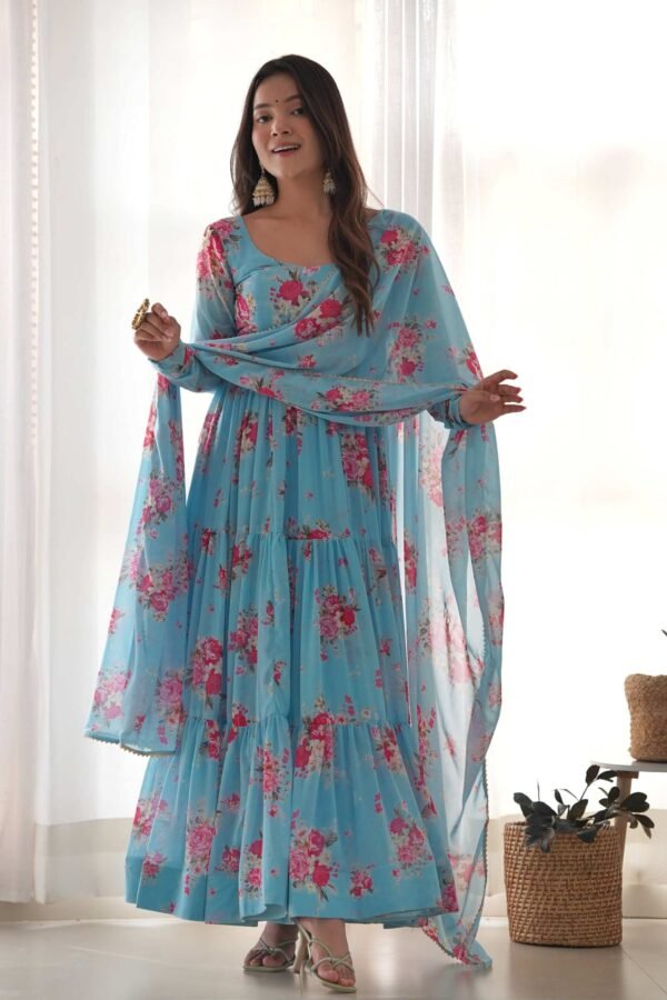 Sky Blue Floral 3-Layer Georgette Gown with Dupatta