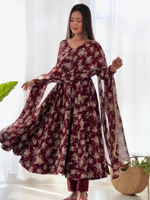 Elegant Multi Floral Print Fox Georgette Anarkali Suit Set