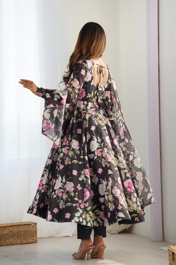 Black Organza Silk Floral Print Anarkali Suit Set