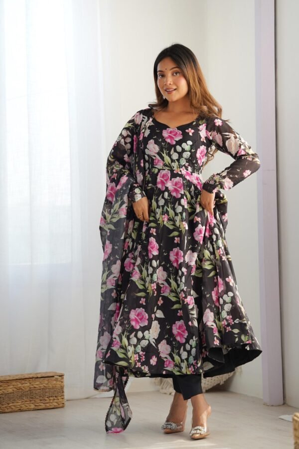 Black Organza Silk Floral Print Anarkali Suit Set