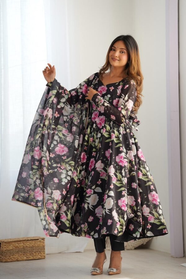 Black Organza Silk Floral Print Anarkali Suit Set