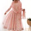 Pink Flower Printed Anarkali Suit Set