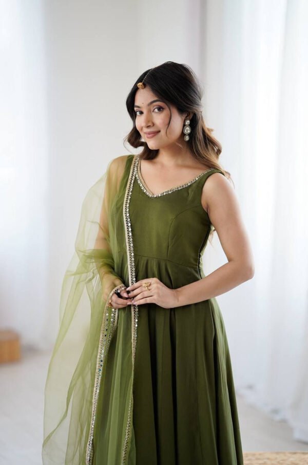 Mehndi Green Roman Silk Anarkali Suit Set