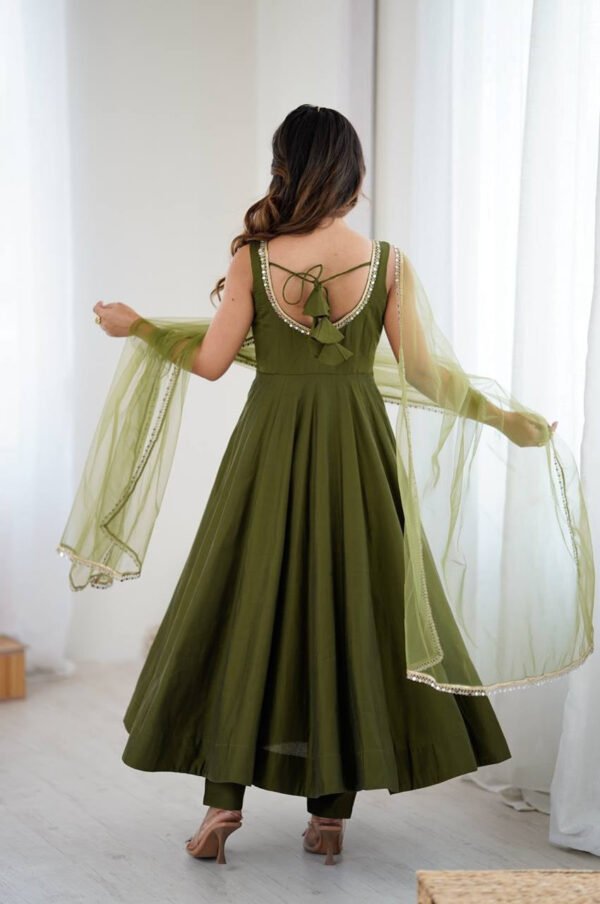 Mehndi Green Roman Silk Anarkali Suit Set