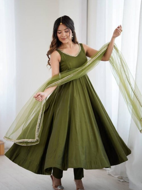 Mehndi Green Roman Silk Anarkali Suit Set