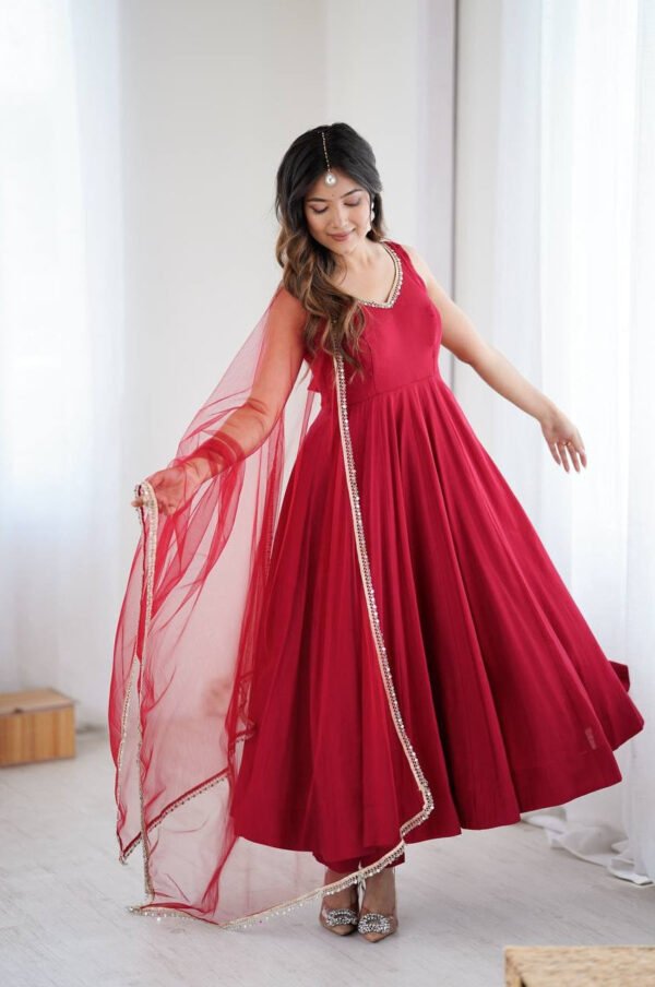 Maroon Roman Silk Anarkali Suit Set