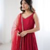 Maroon Roman Silk Anarkali Suit Set