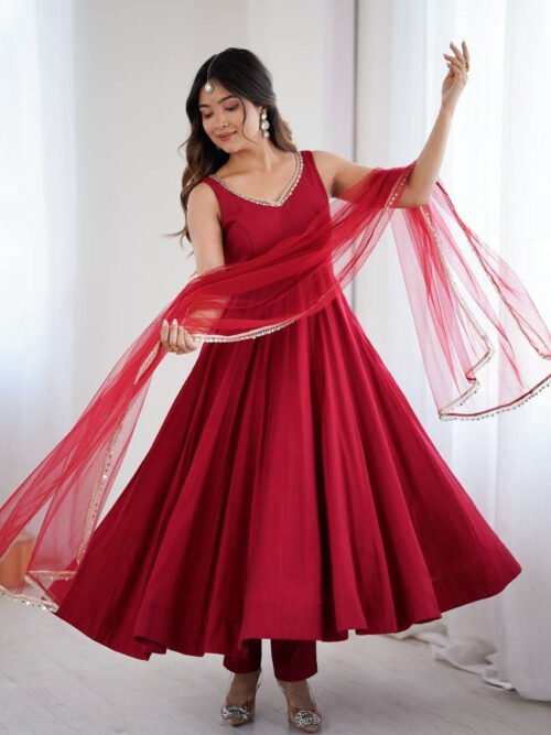 Maroon Roman Silk Anarkali Suit Set