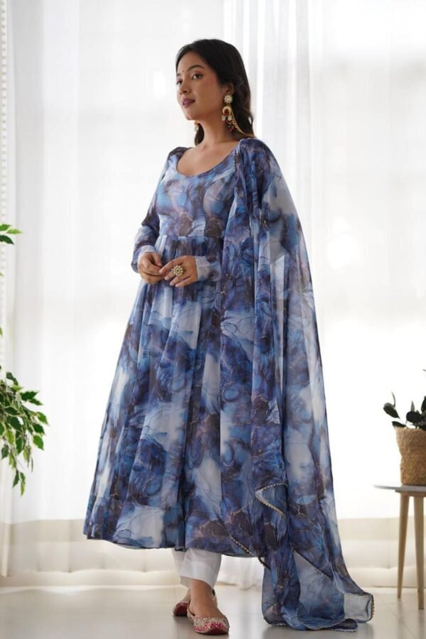 Navy Blue Organza Anarkali Gown with Marble Print