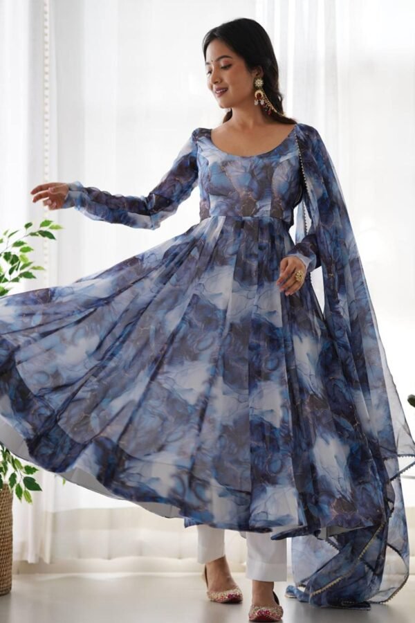 Navy Blue Organza Anarkali Gown with Marble Print
