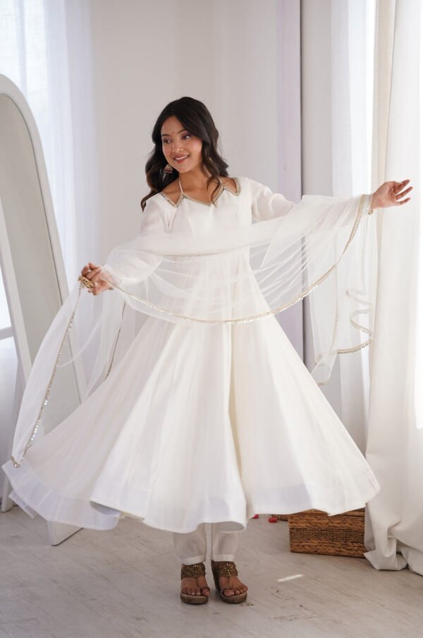 White Roman Silk Anarkali Suit Set