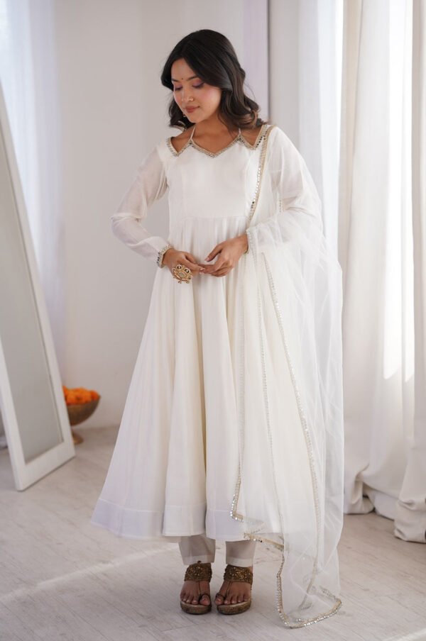 White Roman Silk Anarkali Suit Set