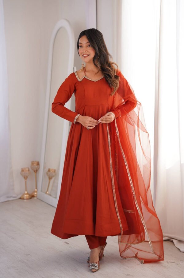 Rust Orange Roman Silk Chanderi Anarkali Suit with 4+ Meter Flair