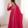 Rani Pink Roman Shimmer Silk Fully Flare Anarkali Set