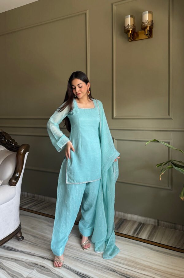 Cute Teal Crunchy Silk Farshi Salwar Suit