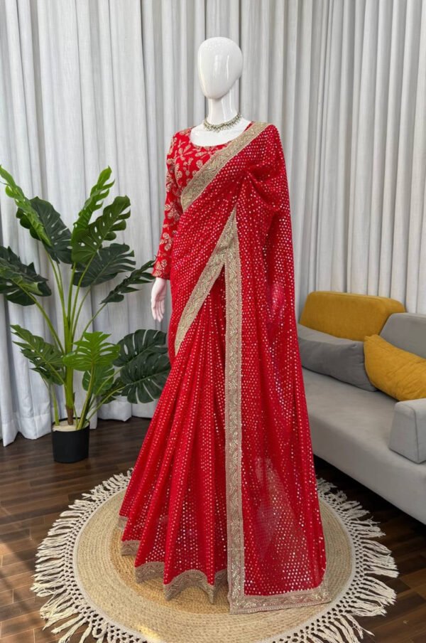Premium Red Faux Blooming Georgette Saree with Thread & Sequence Work