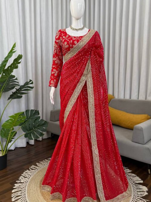 KD626red_4.jpg Premium Red Faux Blooming Georgette Saree with Thread & Sequence Work