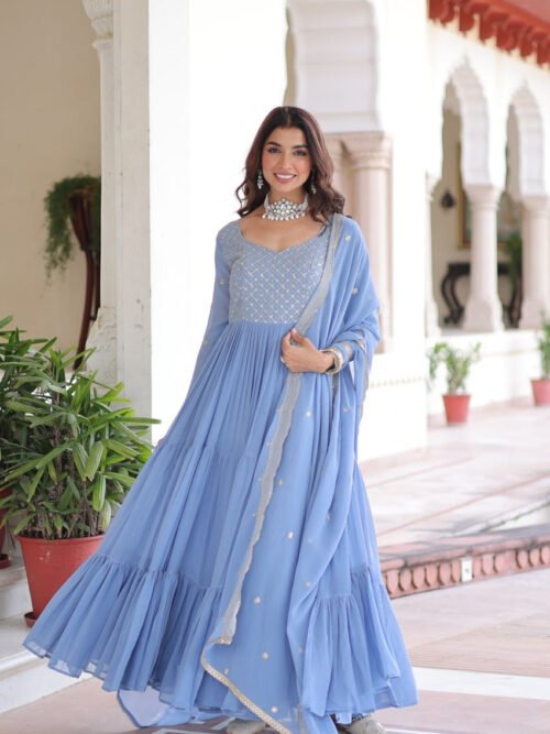 Vista Blue Georgette Designer Gown