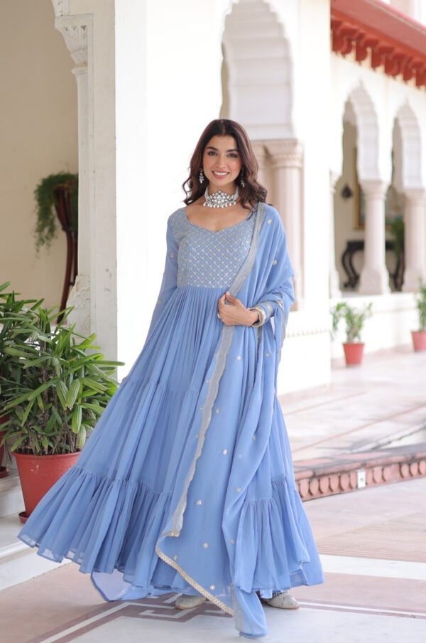 Vista Blue Georgette Designer Gown