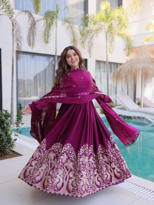 Mulberry Wine Rangoli Silk Gown Set