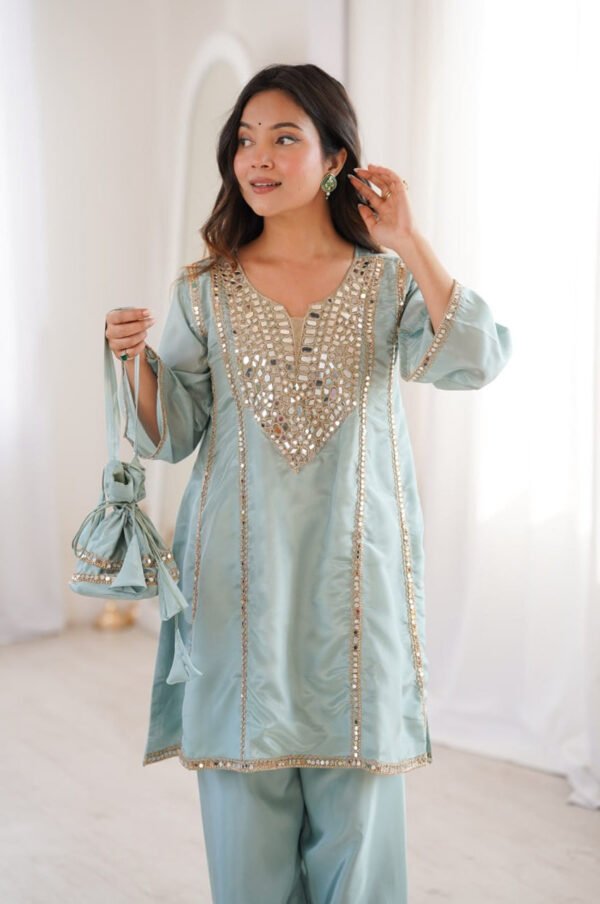 Premium Misty Blue Real Mirror Work Suit Set in HO Fabric
