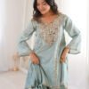Premium Misty Blue Real Mirror Work Suit Set in HO Fabric