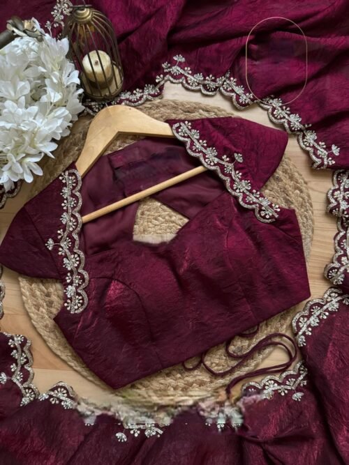 NC-5466WINE_1.jpg Elegant Wine Silk Saree with Katdana & Pearl Handwork