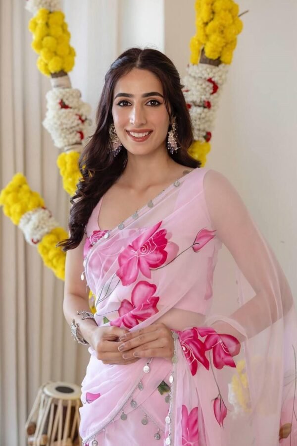 Light Pink Floral Print Georgette Ruffle Saree with Stitched Blouse