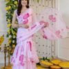 Light Pink Floral Print Georgette Ruffle Saree with Stitched Blouse
