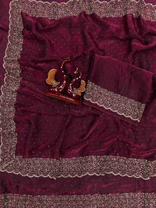 Cherry Oak Space Silk Heavy Saree with Original Jarkhan Diamond Work