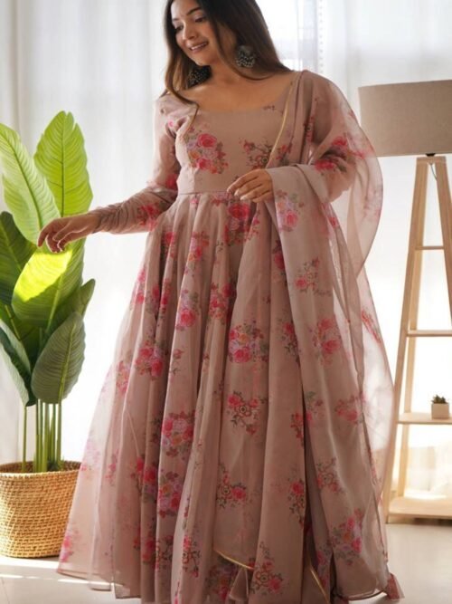 Elegant Beige Tabby Organza Floral Print Gown with Dupatta