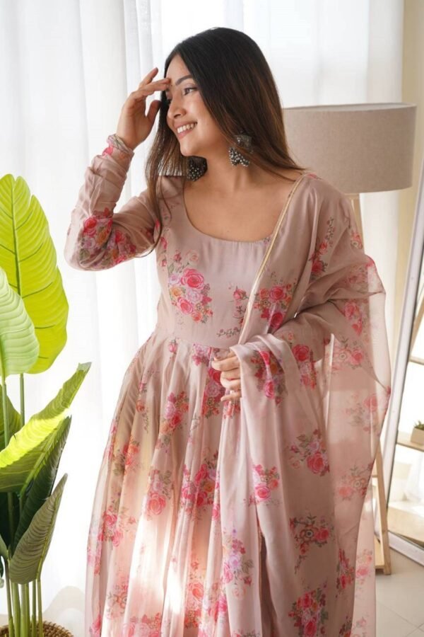 Elegant Beige Tabby Organza Floral Print Gown with Dupatta