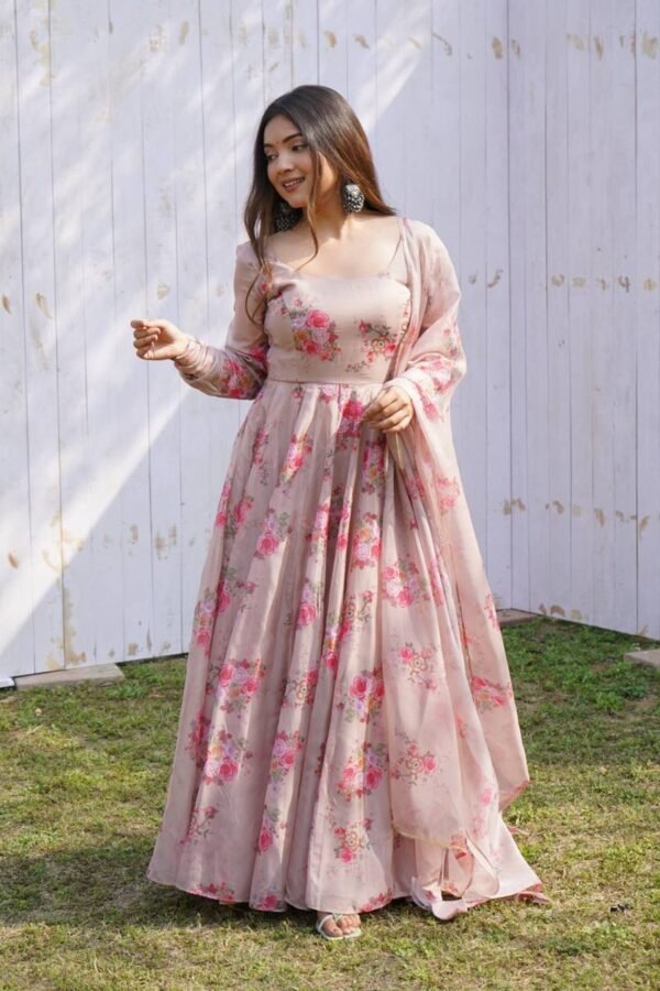 Elegant Beige Tabby Organza Floral Print Gown with Dupatta